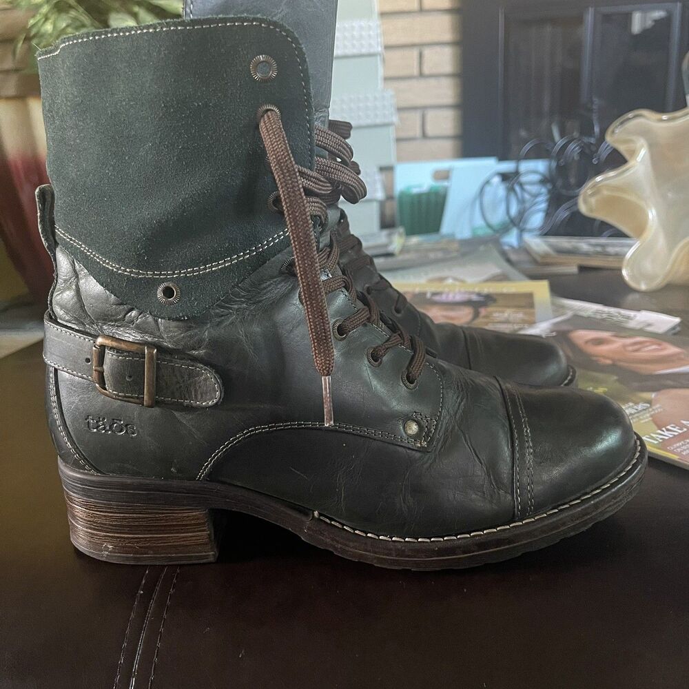 Taos Crave Green Leather Urban Combat Boots Round Toe 41/ US 10-10.5 - Picture 2 of 12